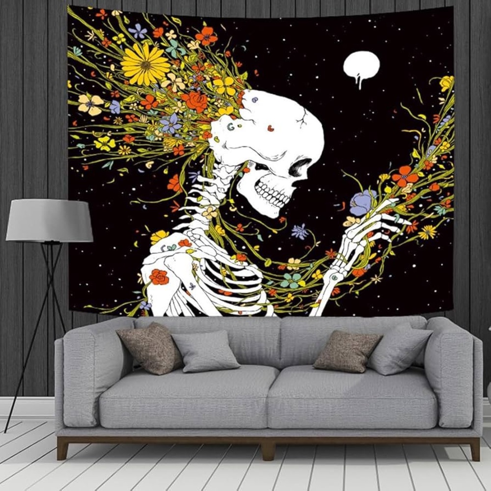 Flower Skull Tapestry Colorful Gothic Plant Floral Skeleton Wall Art Room Decor